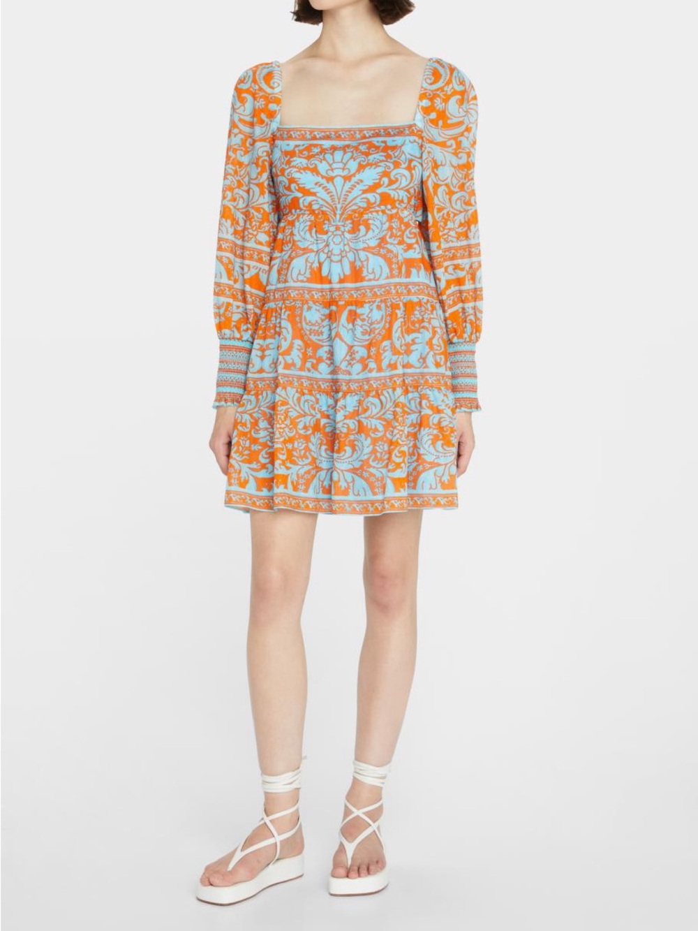 Alice + Olivia Turquoise & Orange Rowen Tiered Long-Sleeve Babydoll Dress